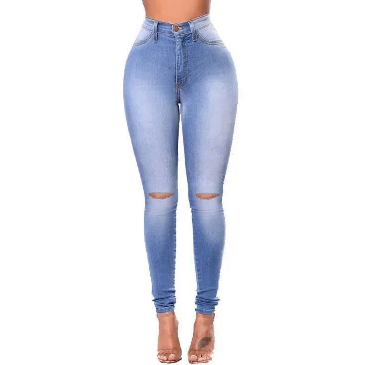 Europa e Estados Unidos Nova Calça Jeans Feminina Rasgada Slim-fit Com Pés Pequenos, Calça Lápis Elástica Nova Primavera E Outono