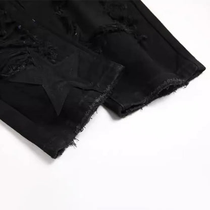 Autumn And Winter Retro Black Ripped Jeans Men'S Straight Leg Pants Pentagram Patch Casual Jeans Pants