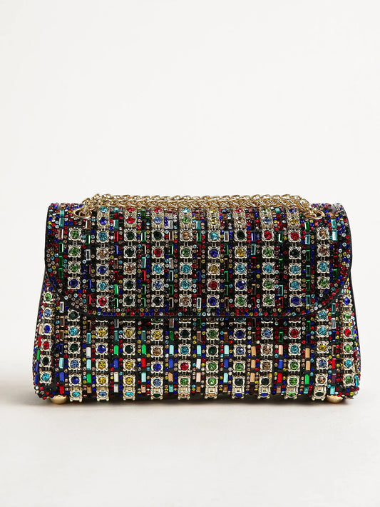 1PC Multi-color Square Bag,Glitter Bling,Shiny Glamorous,Elegant,Exquisite Small Rhinestone Chain Decor Shoulder Evening Bag,Top