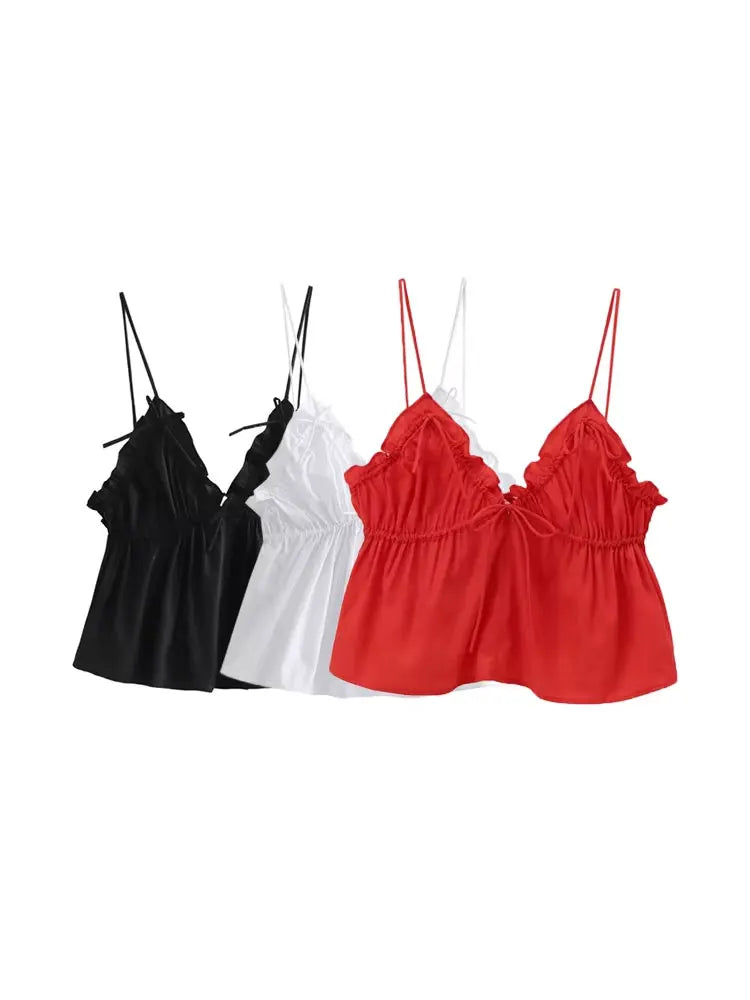 Women's Sexy Fashion Bow Tied Ruffled V-Neck Tank Top Thin Straps Backless Camisole Female Mujer