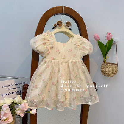 New Summer Princess Girls Dress Full Print Roses Flowers Pearl Inlay Decoration Puff Sleeve Bow Mesh Tutu Party Dresse For Kids