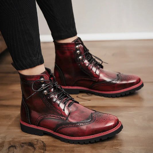 Men Lace-up High Top Brogue Carved Business Boots