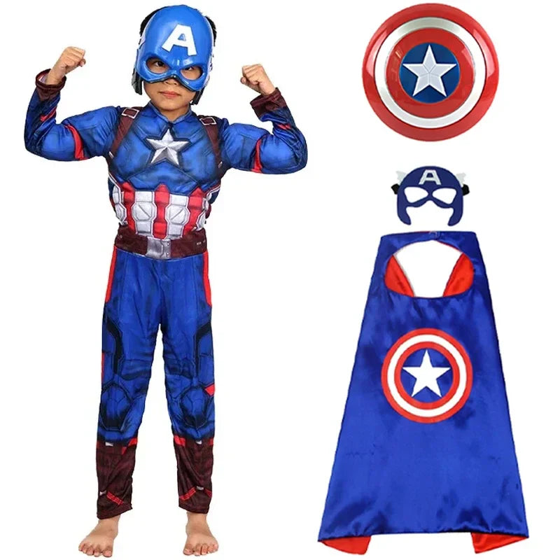 Captain America  Muscle Costume Superhero Captain America Muscle Jumpsuit Shield Cape Outfits Halloween Carnival Costumes