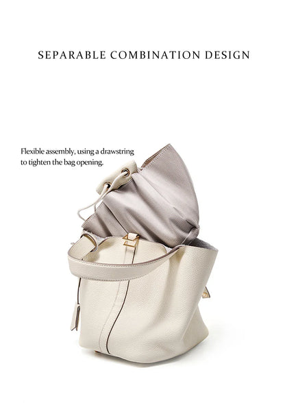 2025 Casual Fashion Female Genuine Leather Bucket Bag Luxury Handbag High-End Tote Bag Woman Cow Leather Mommy Bag & Metal Lock