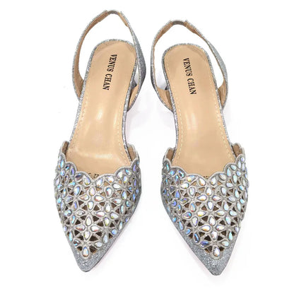 Low Heel Shoes for Women Hollowed Out Embroidery Rhinestone Italian Design Gold Color Pointed-Toe Shoes and Bags Set