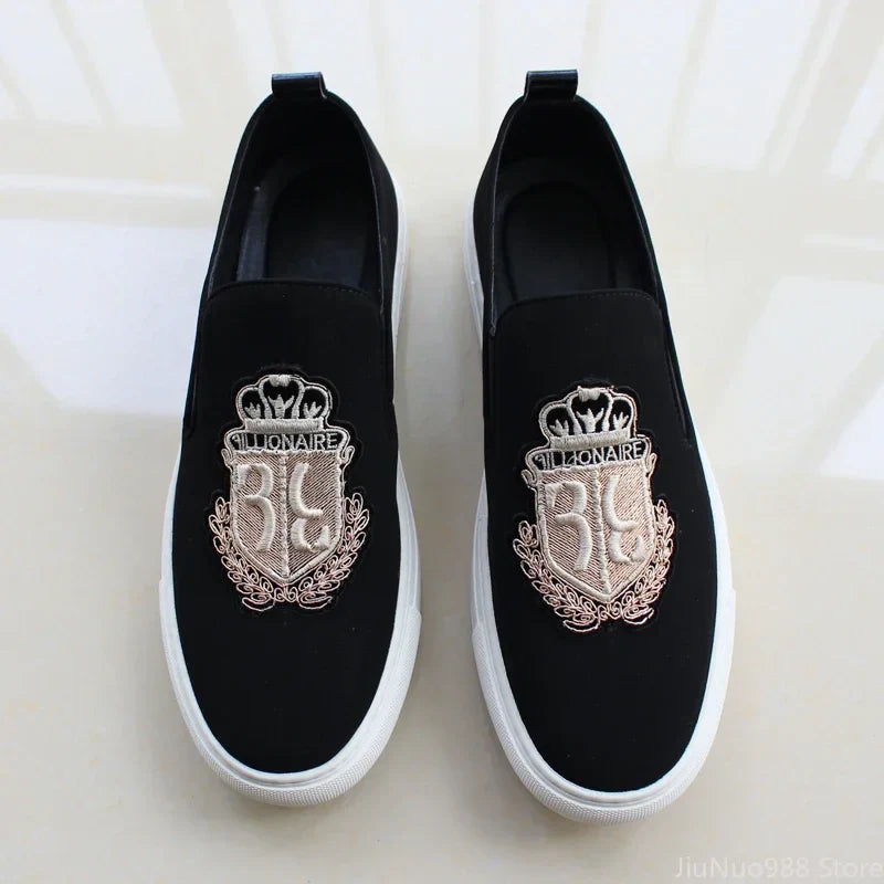 Sapatênis Masculino Novo Casual Preto Camurça Couro Festa Luxo Bordado Sapatilha Mocassim Slip-On