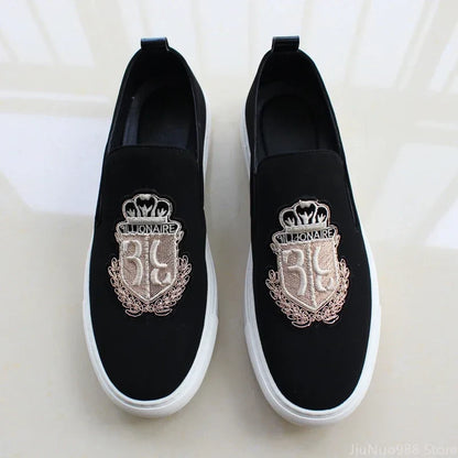 Sapatênis Masculino Novo Casual Preto Camurça Couro Festa Luxo Bordado Sapatilha Mocassim Slip-On