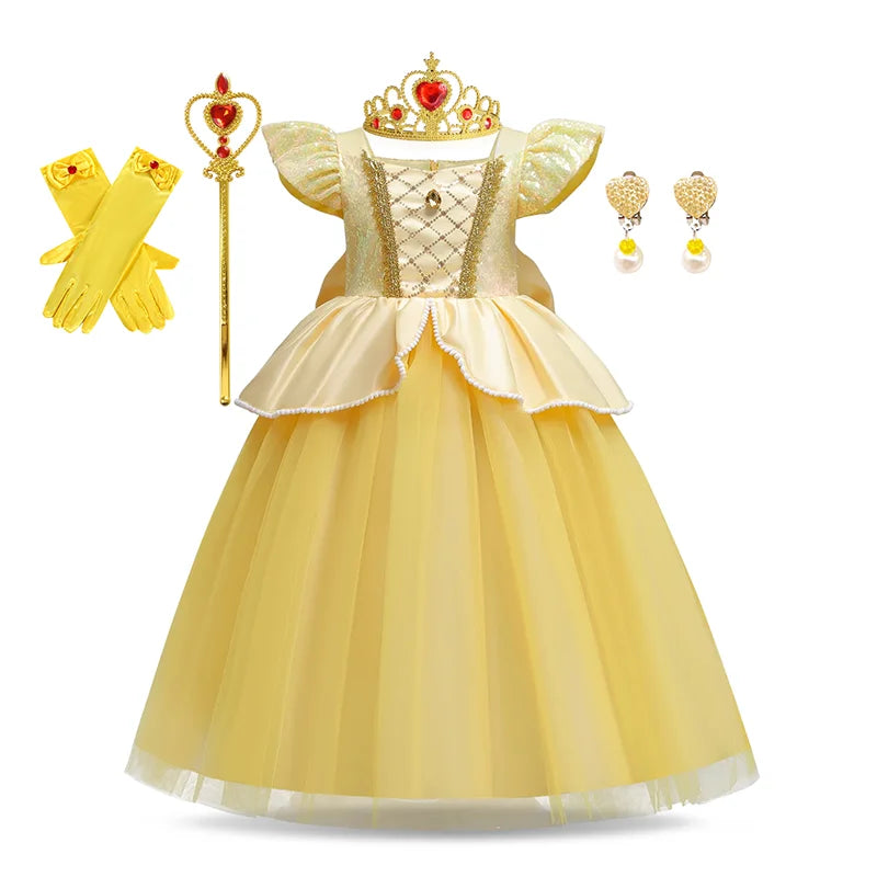 Disney Aniversário Festa Bela Fantasia Infantil Amarelo Malha Vestido de Baile Criança Cosplay Vestido de Festa Luxo para Menina Princesa Bela Noite