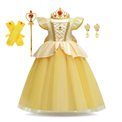 Disney Aniversário Festa Bela Fantasia Infantil Amarelo Malha Vestido de Baile Criança Cosplay Vestido de Festa Luxo para Menina Princesa Bela Noite