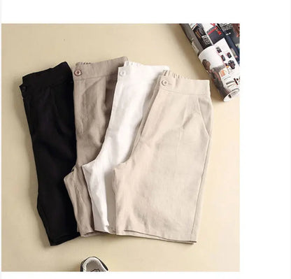 Khaki Solid Casual Linen Cotton Elastic High Waist Wide Leg Button Loose Women's Shorts Korean Fashion Summer Shorts Women 2024