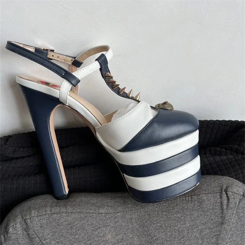 2026 Women's Round Head Sandals Thin Heels 5cm Thick Bottom Slope Heel Fish Mouth Rivet Sandal T-Platform Sandals Size34-43