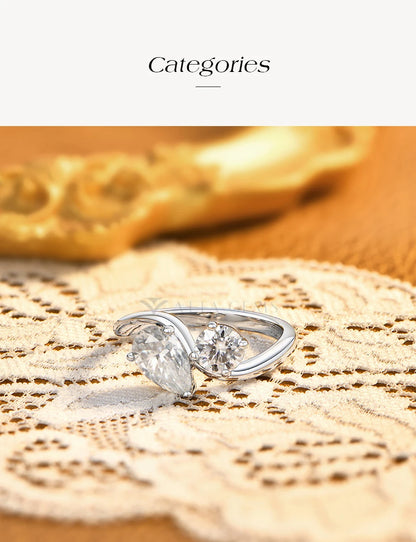 Toi Et Moi Moissanite Rings 925 Sterling Silver Pear&Round Cut Two Stone Bypass Ring forWomen Engagement Bridal Jewelry