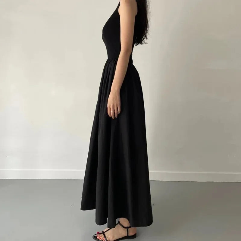 Simple Elegant Black Long Dresses For Women Round Neck Sleeveless High Waist Temperament Female Fashion Style Dress