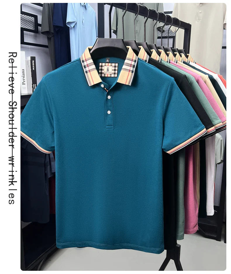 Luxury brand short sleeve polo shirt men fashionable simple solid color summer mercerized cotton breathable casual lapel T shirt
