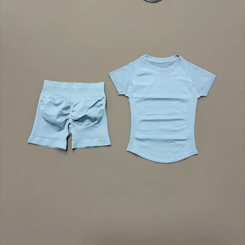 2 Piece Gym Sets Women Seamless Short Sleeve Top Butt Lifting Shorts Workout Fitness Running Sports Yoga Tracksuit