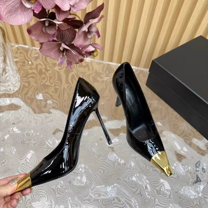 Women's New Stiletto Heels Spring Fashion Metal Pointed Leather Shallow Mouth Non-slip Wear-resistant Single Shoes