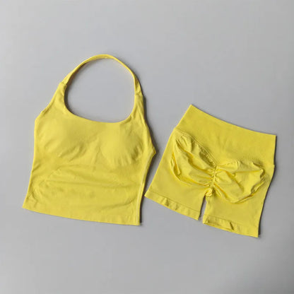 Seamless Halter Neck Yoga Wear Two Piece Women's Push up Sports Bra High Waist Tummy Control Butt Lift Fitness Shorts Set