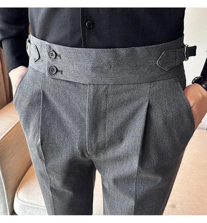 New Spring Autumn High Waist Smart Casual Dress Pants Men Belt Design Slim Suit Pants Formal Wedding Social Party Mens Trousers