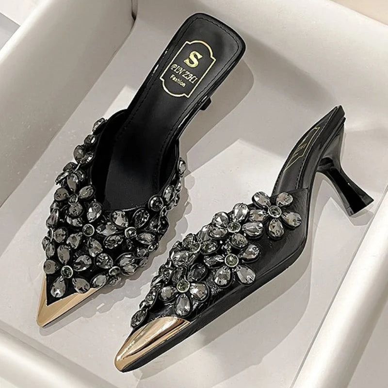 Luxury Rhinestones Pointed Toe Mules Pumps Women Slippers Summer New Fashion Slides Designer High Heeled Sandals Female Tacones