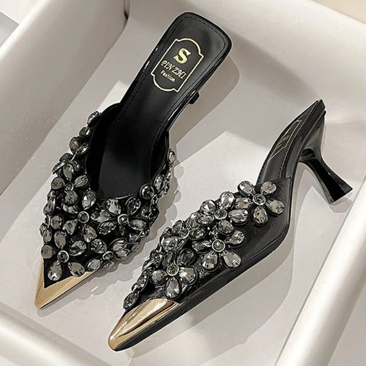 Luxury Rhinestones Pointed Toe Mules Pumps Women Slippers Summer New Fashion Slides Designer High Heeled Sandals Female Tacones