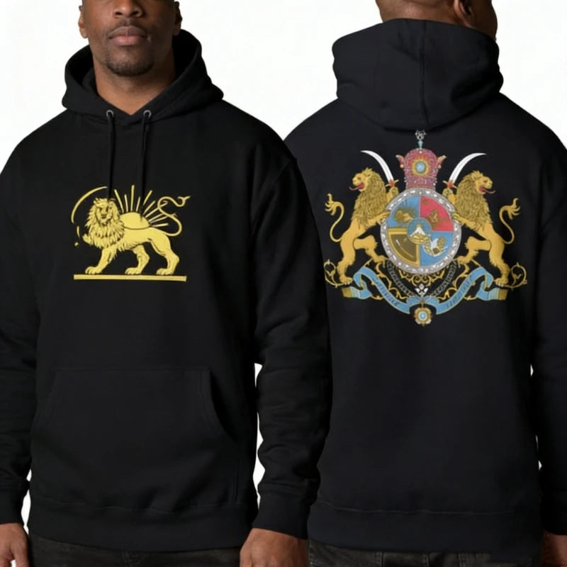 Persian Lion & Sun Matching Hoodie Imperial Crest Back Print Autumn and Winter Streetwear Long Sleeve Keep Warm Casual Pullover