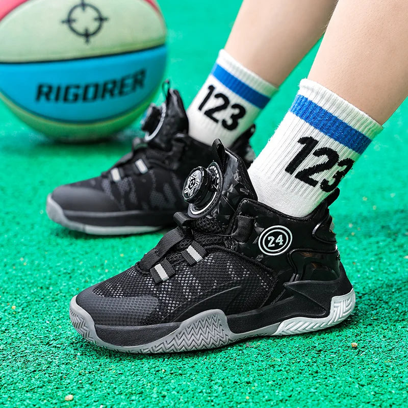 Boys Girls Quick Twist Lace Basketball Shoes Wear Resistant Comfortable Outdoor Athletic Footwear