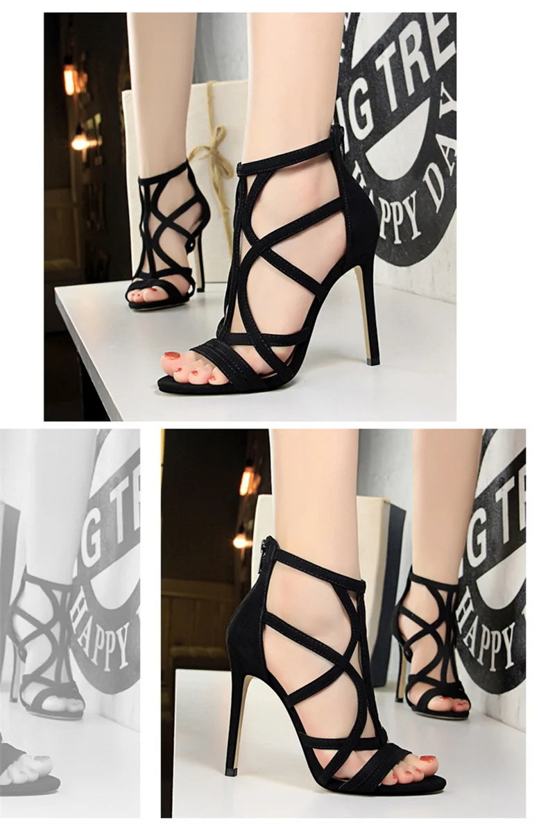 Women Roman Style Thin High Heels Pumps Pointed Toe Suede Hollow Strap Party Shoes Solid Ankle Zip Summer Sandals