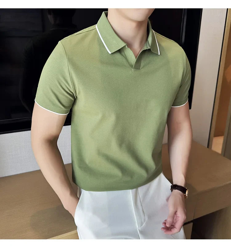 Business Casual Solid Color Men's Polo Shirt, 2024 Summer Classic, Men Short Sleeve V-neck T-shirt, Slim Fit Spliced Polo 4XL-M