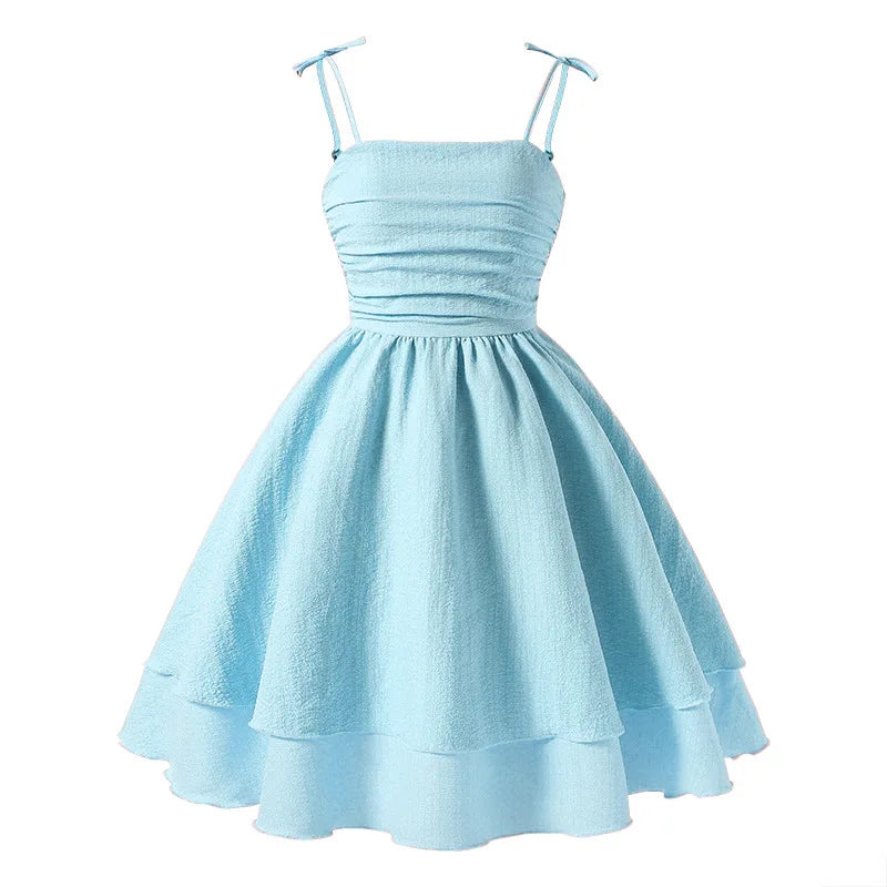 7-12 Years Teen Girls Dress Solid Color Sling Tiered Sleeveless Princess Dress For Kids Children Birthday Present Clothes