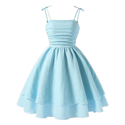 7-12 Years Teen Girls Dress Solid Color Sling Tiered Sleeveless Princess Dress For Kids Children Birthday Present Clothes