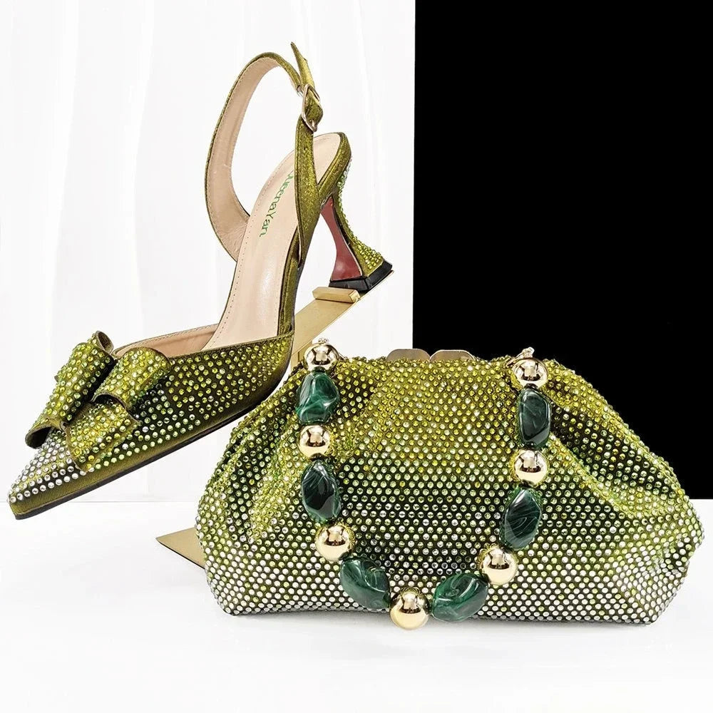 Fashion Newest Full of Rhinestone Design Olive Color Lady Sheos and  Metal bead-embellished handbag Set for Parrt Wedding