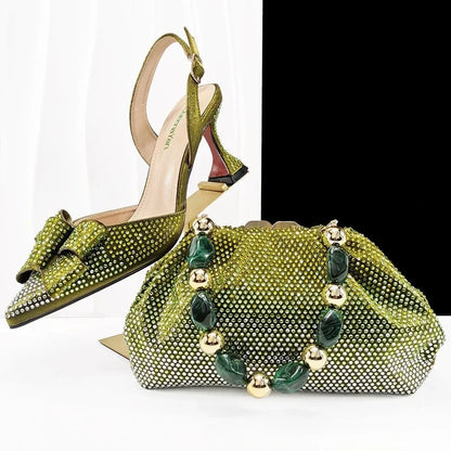 Fashion Newest Full of Rhinestone Design Olive Color Lady Sheos and  Metal bead-embellished handbag Set for Parrt Wedding