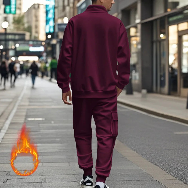 2024 autumn and winter men's casual velvet warm zipper sports trousers set