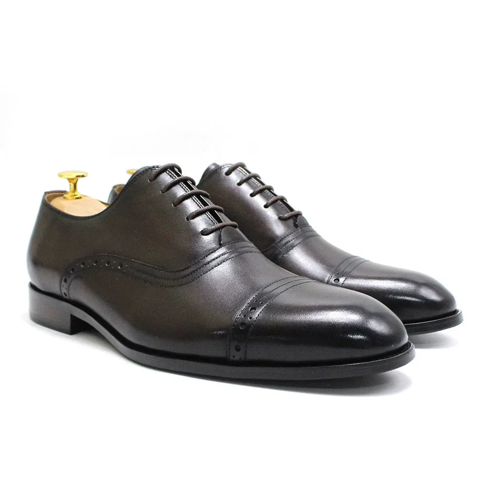 Men's Genuine Leather Oxfords Handmade Cap Toe Dress Shoes Lace-Up Formal Wedding Shoes Business Office Male Footwear