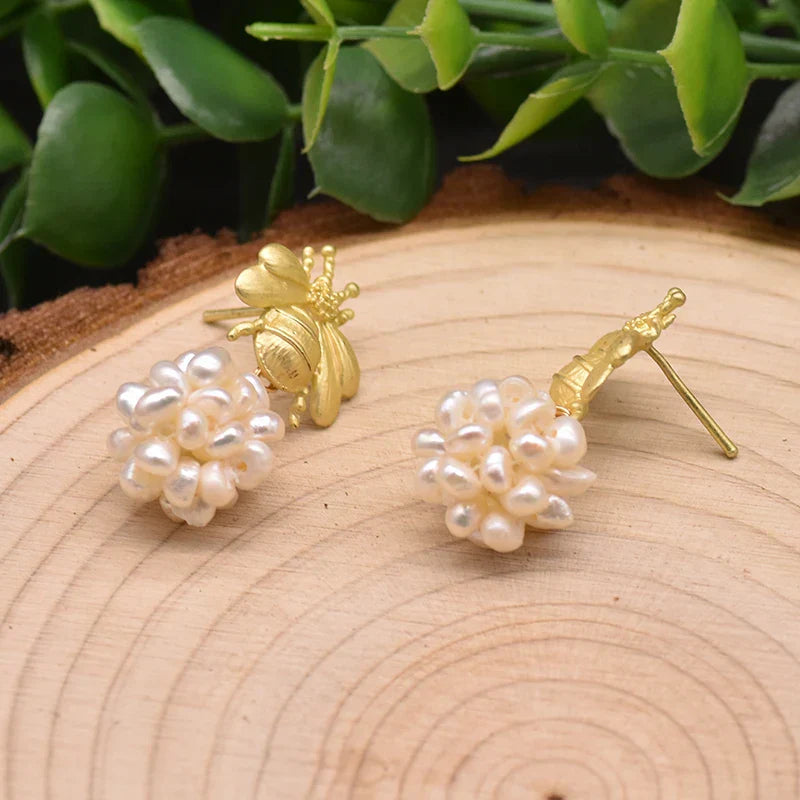 Bee And  With Natural Pearls Pearl Earrings 18K Gold Plated Jewelry Korean Designer Jewelry Earrings Gifts For Girlfriend