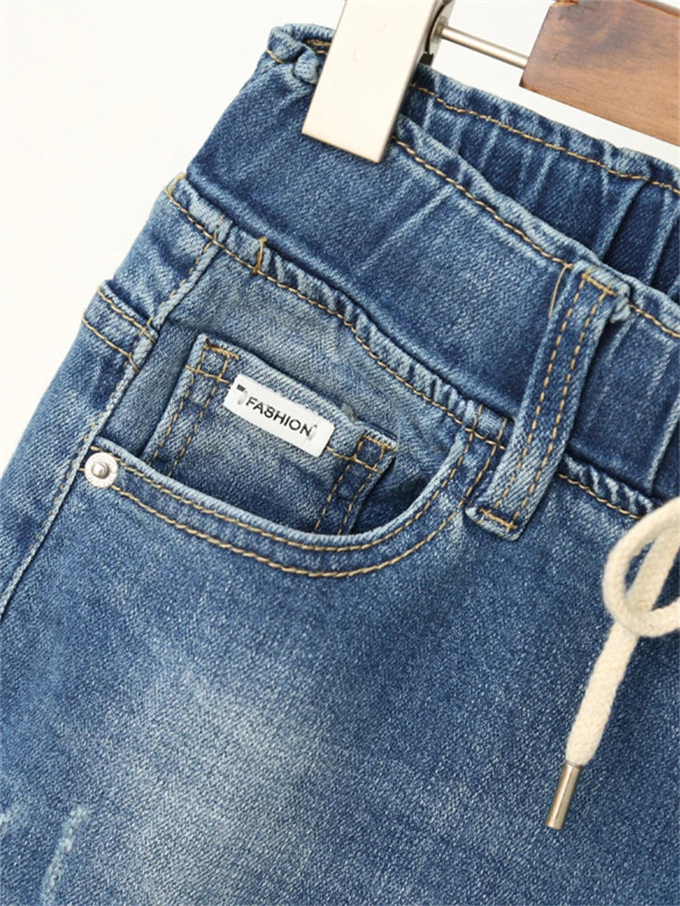 Women Baggy Elastic Waist Jeans Style Ripped Pants