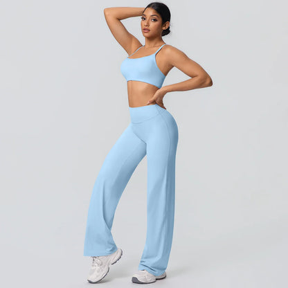 Women Gym Sports Yoga Suit Sexy Beautiful Back Yoga Underwear With Chest Pad Solid Color High Waisted Wide Leg Pants Yoga Set