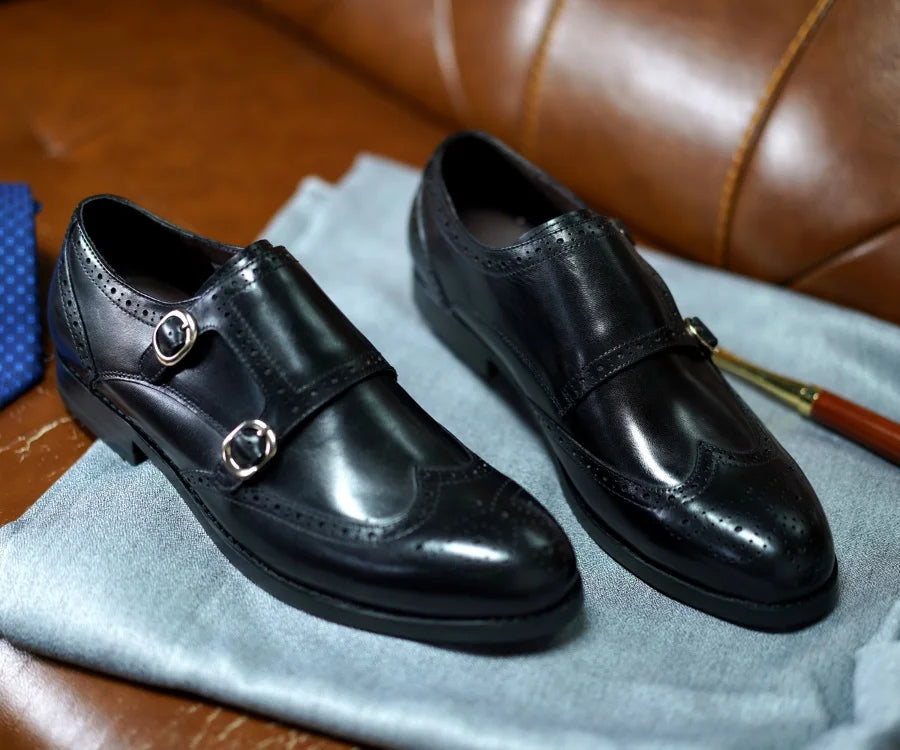 Classic Men Genuine Leather Dress Shoes Brogue Double Buckle Monk Strap Metal Buckle Business Office Wedding Formal Shoes