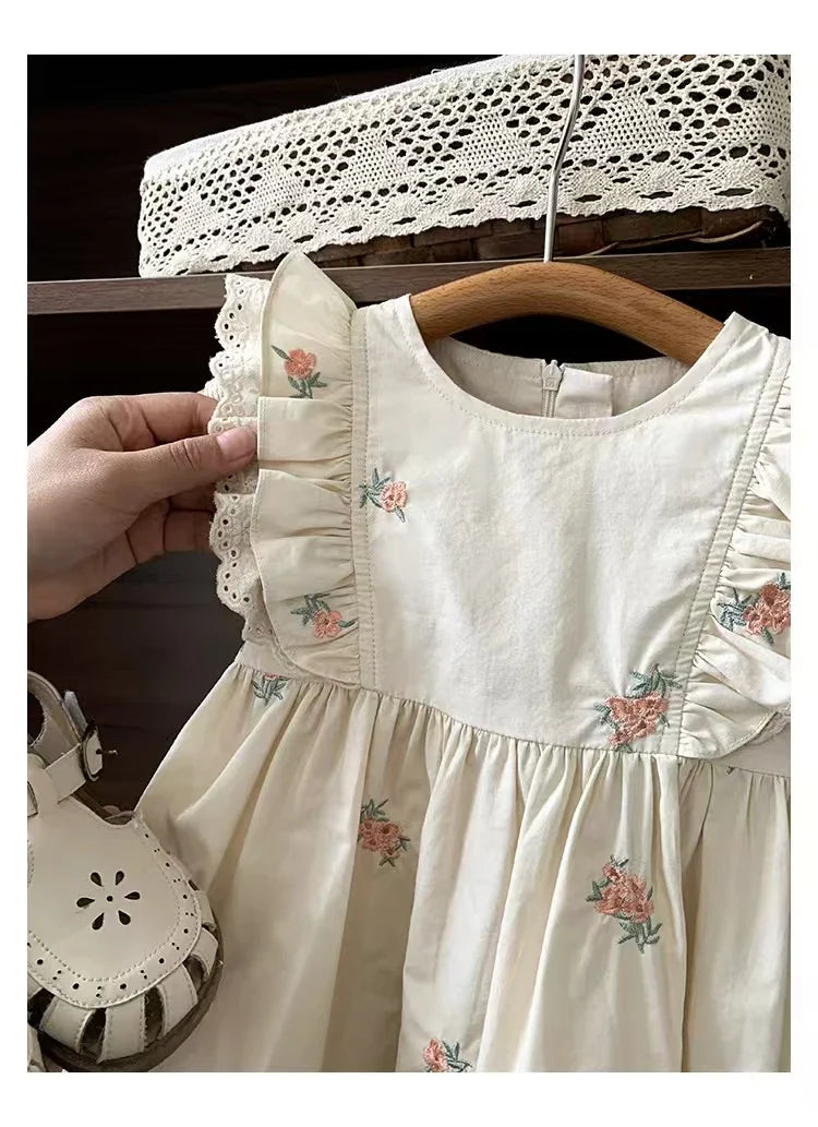 Summer Girls Dress Children's Clothing Bow Embroidered Flower Collar Girl's Dress Cartoon Printed Flying Sleeves Princess Dress