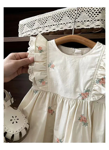 Summer Girls Dress Children's Clothing Bow Embroidered Flower Collar Girl's Dress Cartoon Printed Flying Sleeves Princess Dress