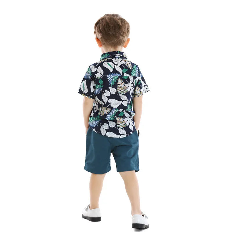 2026 Gentleman  Kids Boys Party Clothing Set Print Hawaii Style Short Sleeve Shirt +Short Pants Formal Suit Seaside Outfits 2Pcs