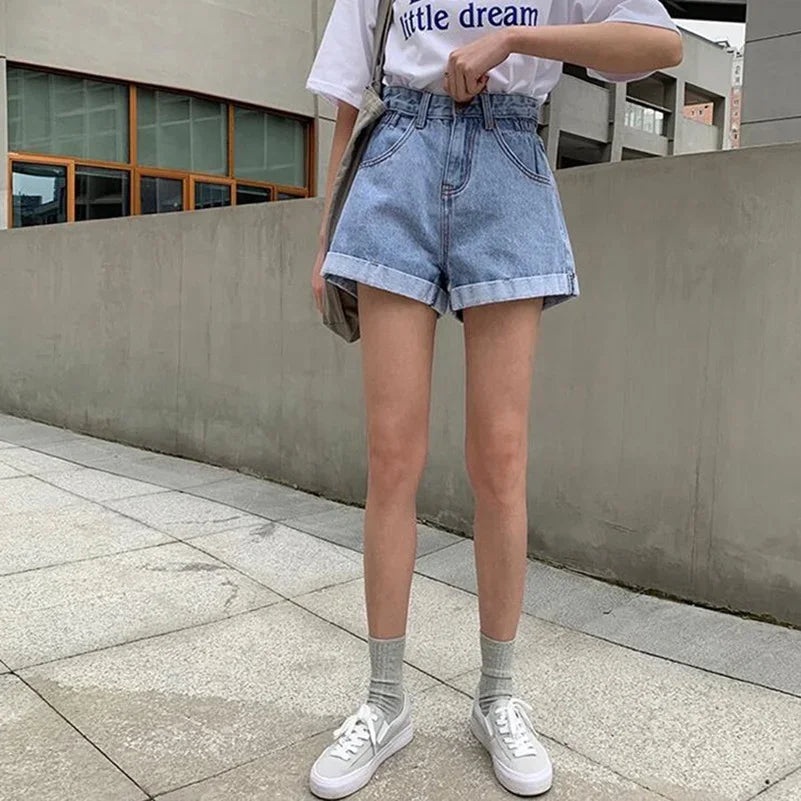 Summer High Waist Denim Shorts Women Casual Loose Ladies Fashion Plus Size Elastic Waist Wide Leg Short Jeans Female