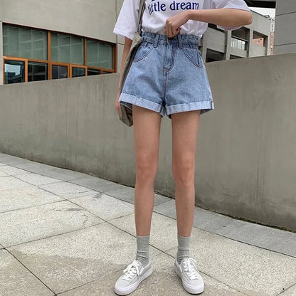 Summer High Waist Denim Shorts Women Casual Loose Ladies Fashion Plus Size Elastic Waist Wide Leg Short Jeans Female