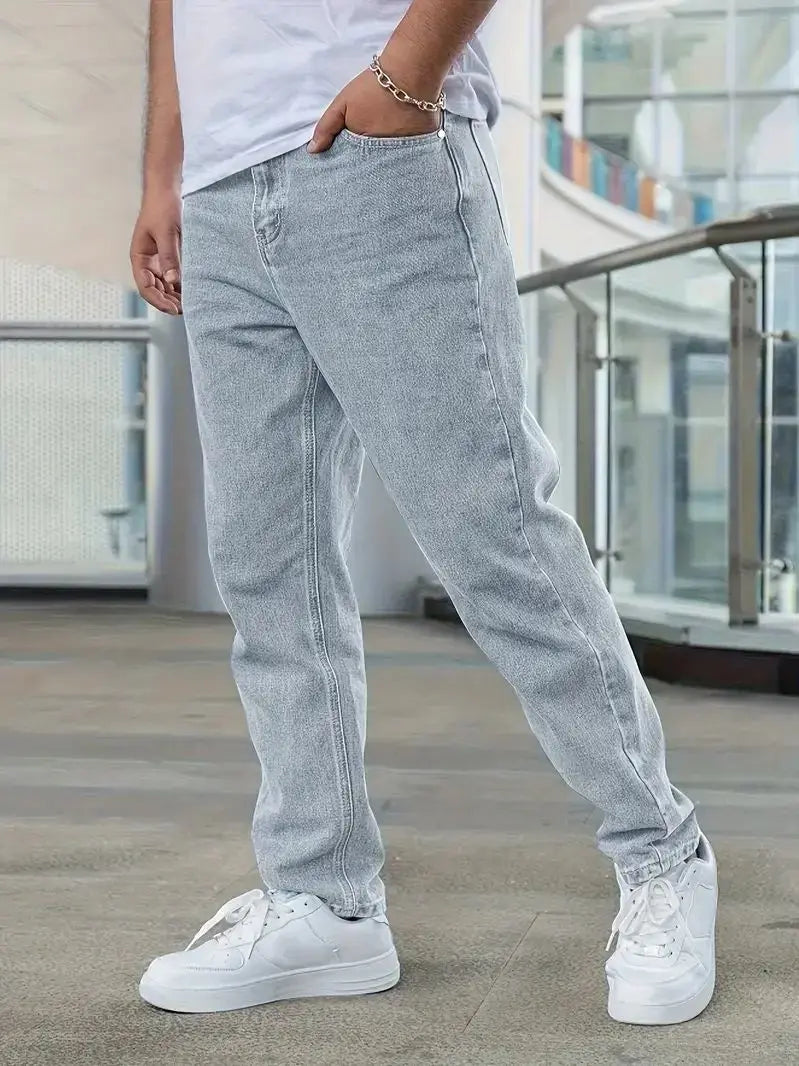 Men's Classic Straight-Leg Denim Jeans - Casual Style, Non-Stretch, Machine Washable, Solid Light Blue, Cotton/Polyester Blend,