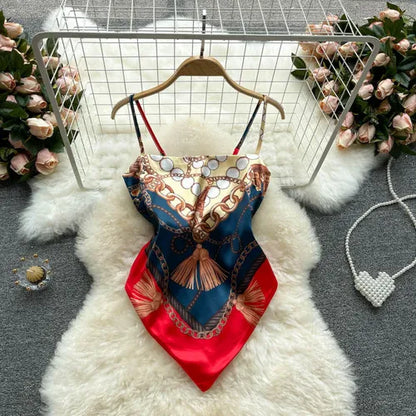 Women Sexy Backless asymmetrical lace-up Camis Print Tank Top Chic One-piece Corset Bustier Summer Beach vacation Crop Top