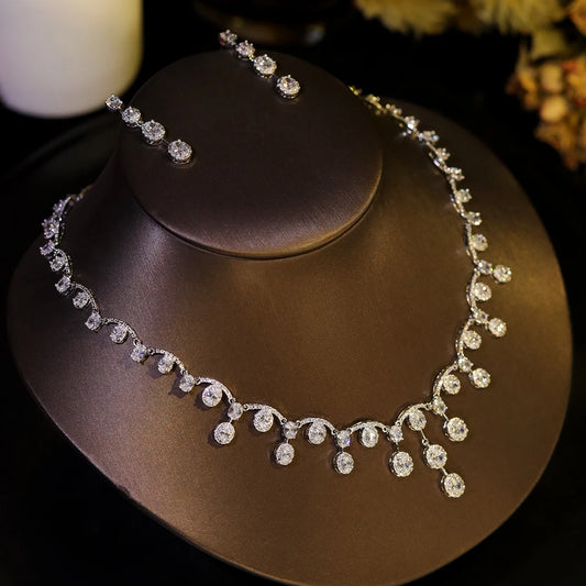 Simple Cubic Zirconia Tassel Water Drop Necklace Europe Bride Wedding Ball Jewelry Set For Women Dinner Party Accessories X0584