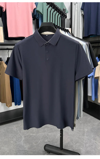 Summer Short Sleeve T-Shirt - Premium Jacquard Spandex, 7A Antibacterial, Seamless, Contrast Color, Split Hem, Wrinkle-Free Polo