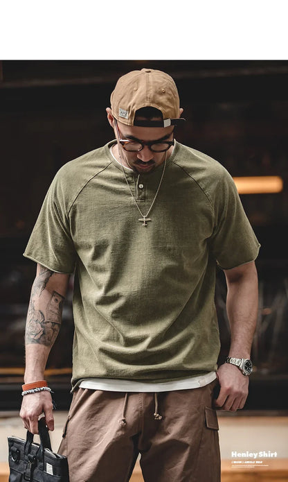 Japanese Vintage Heavyweight Henley T-Shirt Men Distressed Loose Short Sleeve Tops Casual Button Cotton Washed Tee Shirts