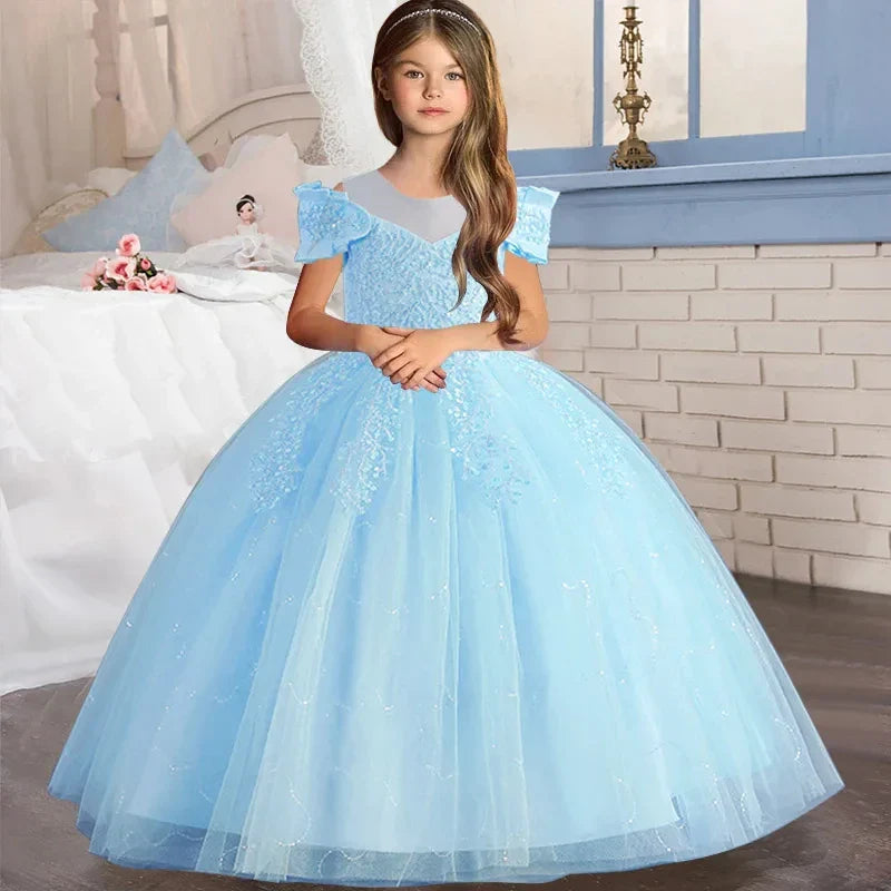 Flower Girl Lace up Dress Wedding Kids flowers First Communion Ball embroidery Festival Party Dress 12Y