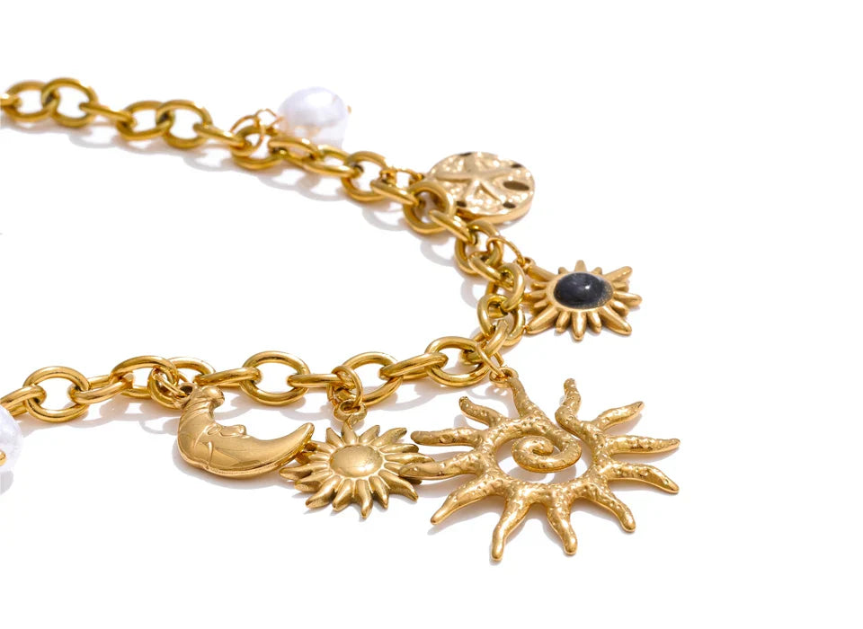 Trendy Starfish Moon Sun Shaped Pendant Charm Necklace Statement Stainless Steel Golden Chain Fashion Jewelry PVD Plated